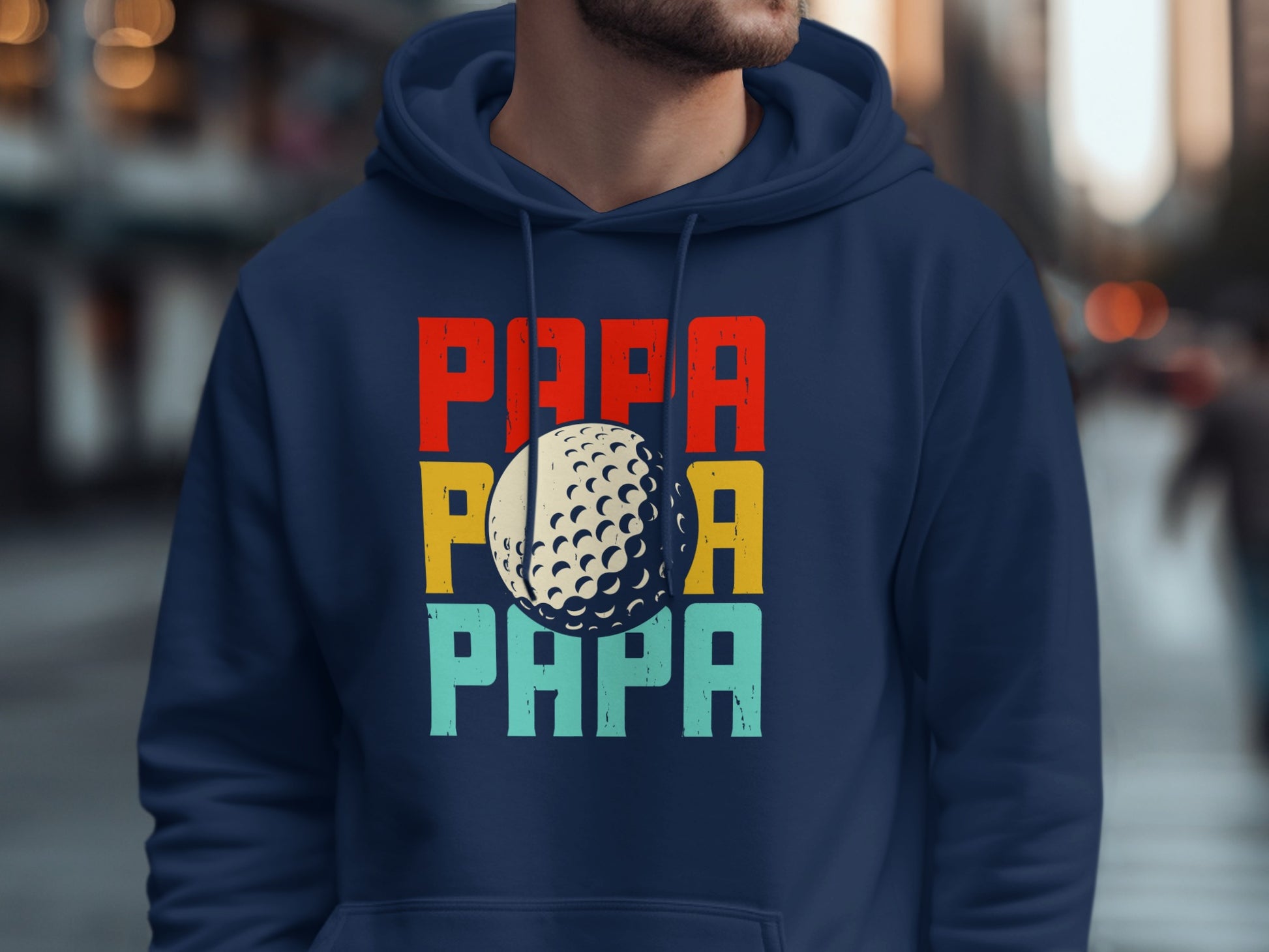 Navy blue hoodie with "PAPA" in red, yellow, and blue, and a golf ball.