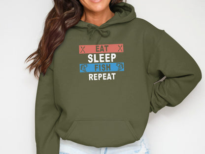 Green hoodie with "EAT SLEEP FISH REPEAT" text and fishing graphics.