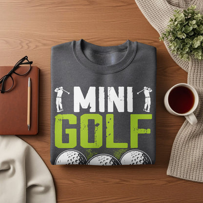 Dark gray sweatshirt with "MINI GOLF" and golf balls graphic.