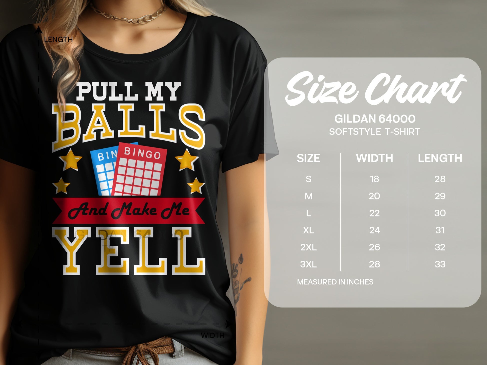 Black t-shirt with "PULL MY BALLS And Make Me YELL" text and bingo cards.