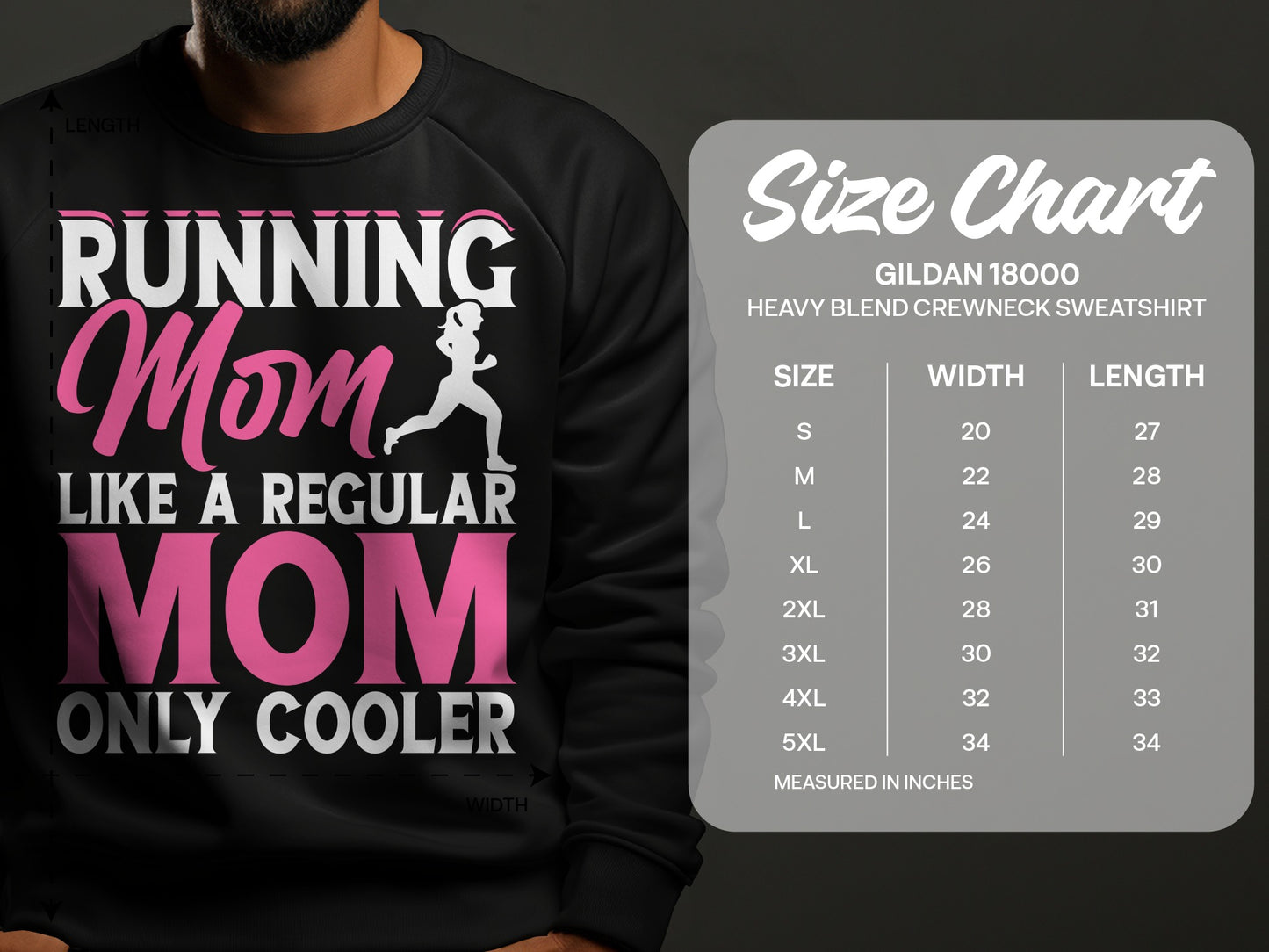 Sweatshirt with "Running Mom, Like a Regular Mom, Only Cooler" graphic and size chart.