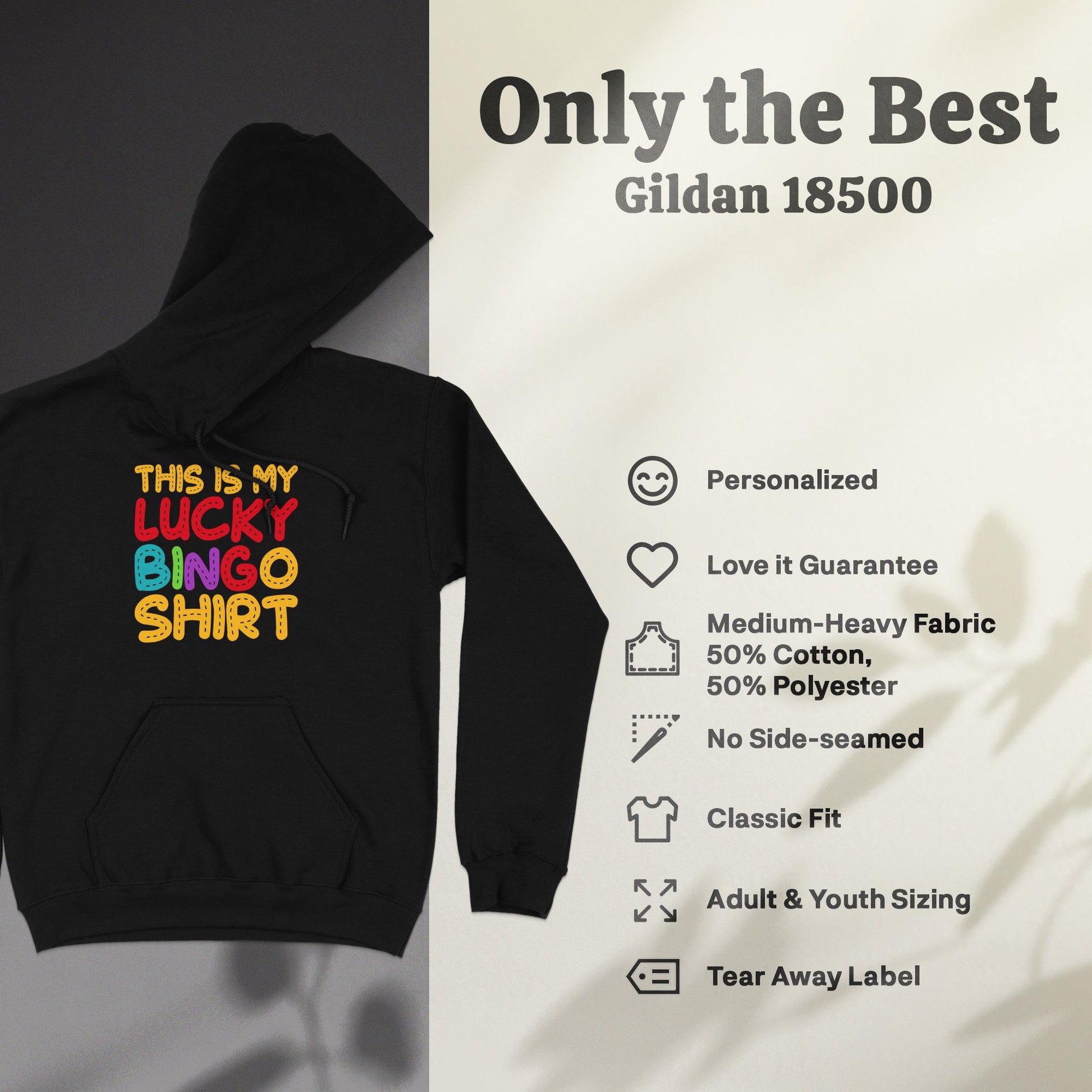 Black Gildan 18500 hoodie with "This Is My Lucky Bingo Shirt" text.
