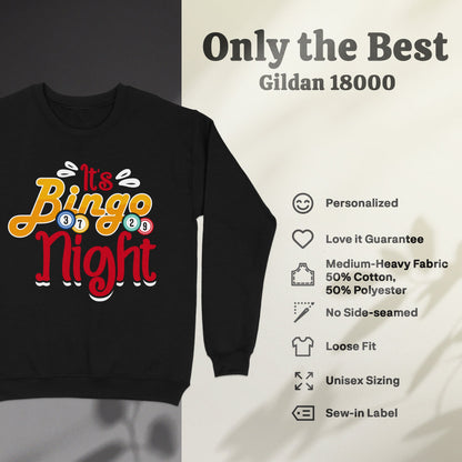 Black Gildan 18000 sweatshirt with "It's Bingo Night" text and product features.