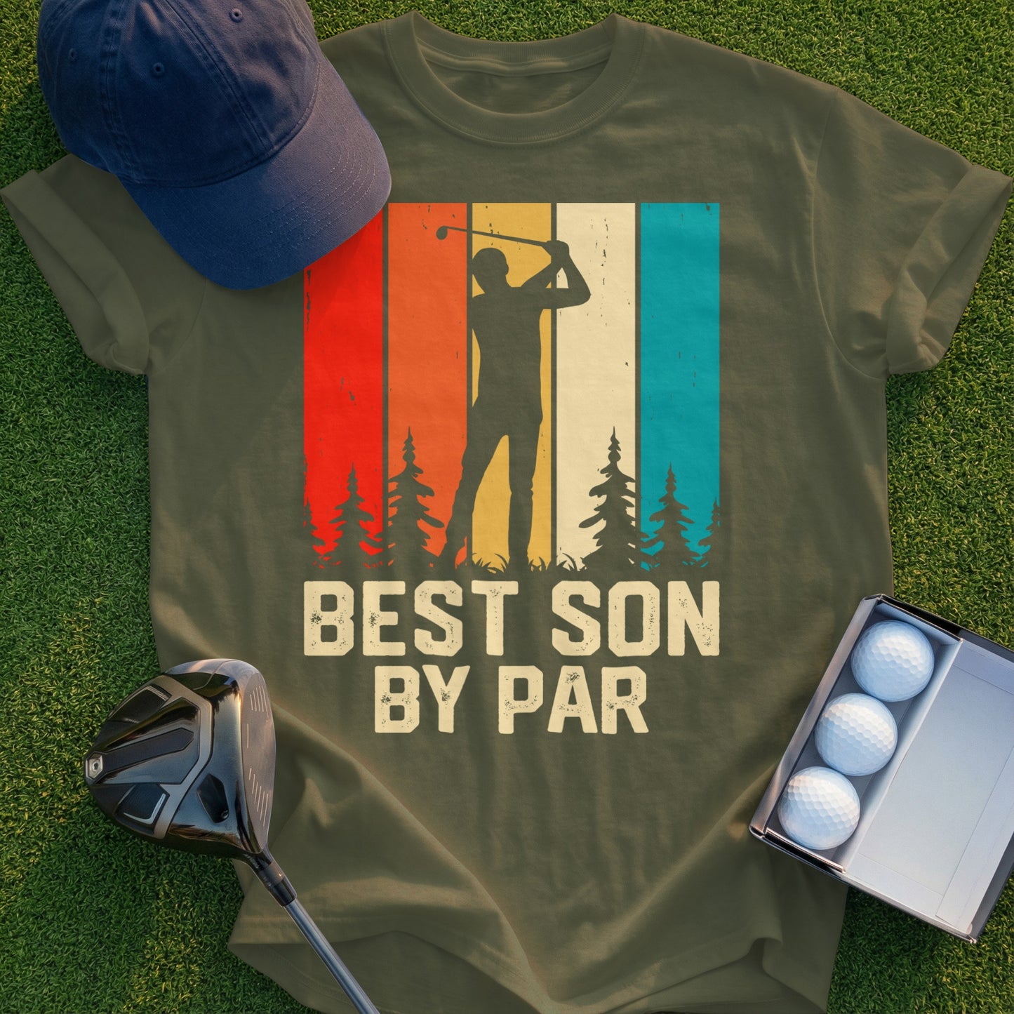 Olive green t-shirt with "BEST SON BY PAR" text and golfer silhouette design.