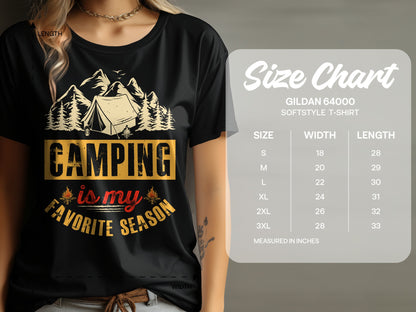T-shirt with "Camping is my favorite season" graphic and size chart.
