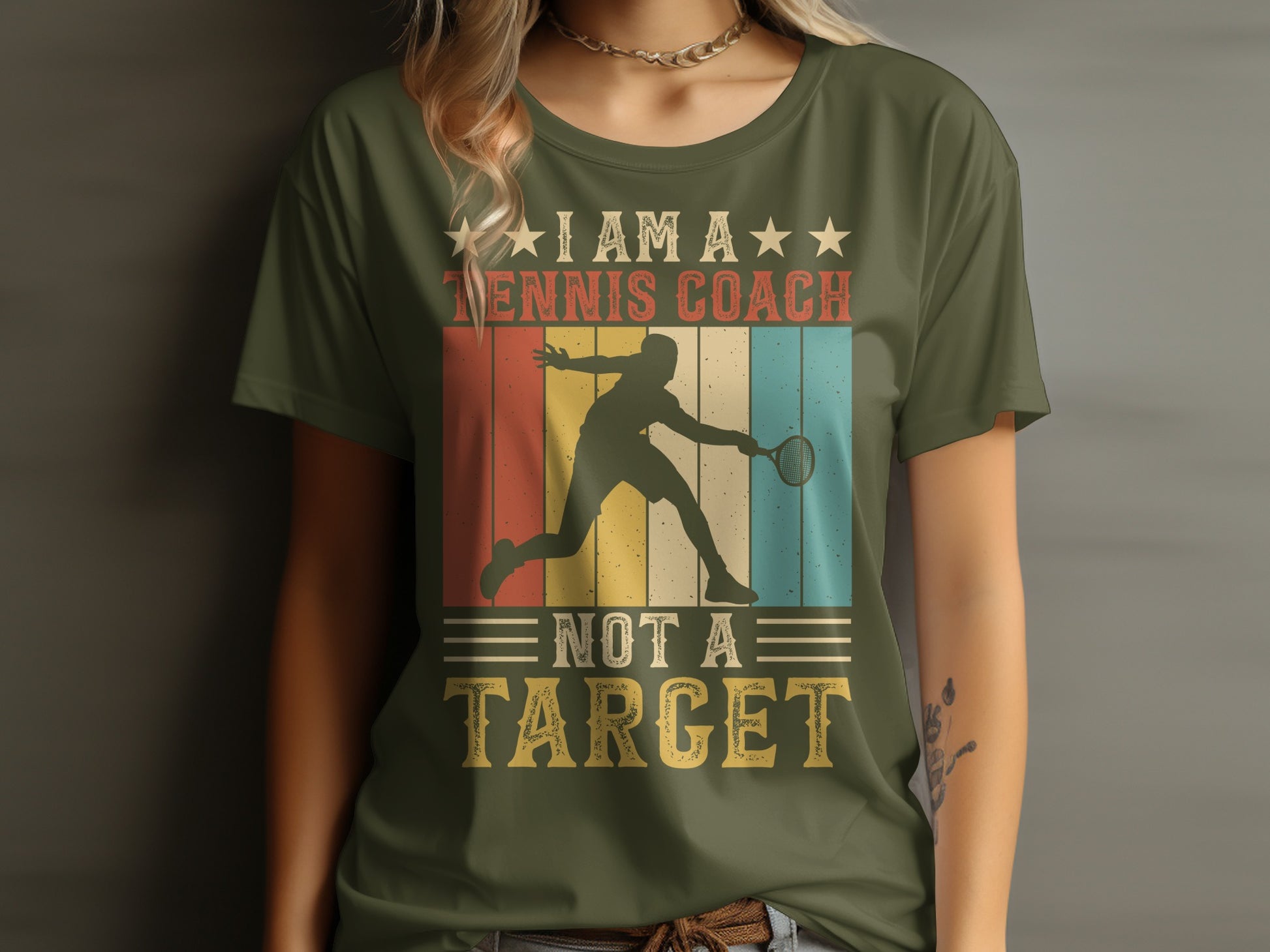 Tennis coach silhouette graphic with striped background and text.