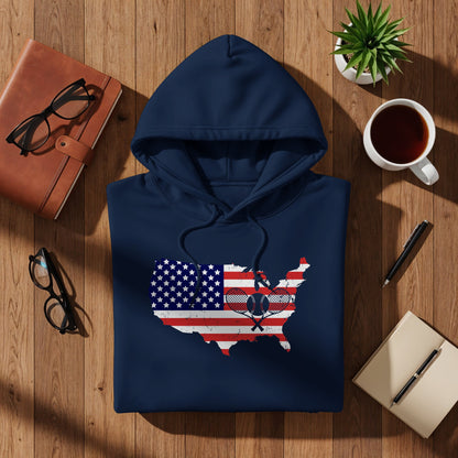 Navy hoodie with a distressed US flag map design featuring tennis rackets.