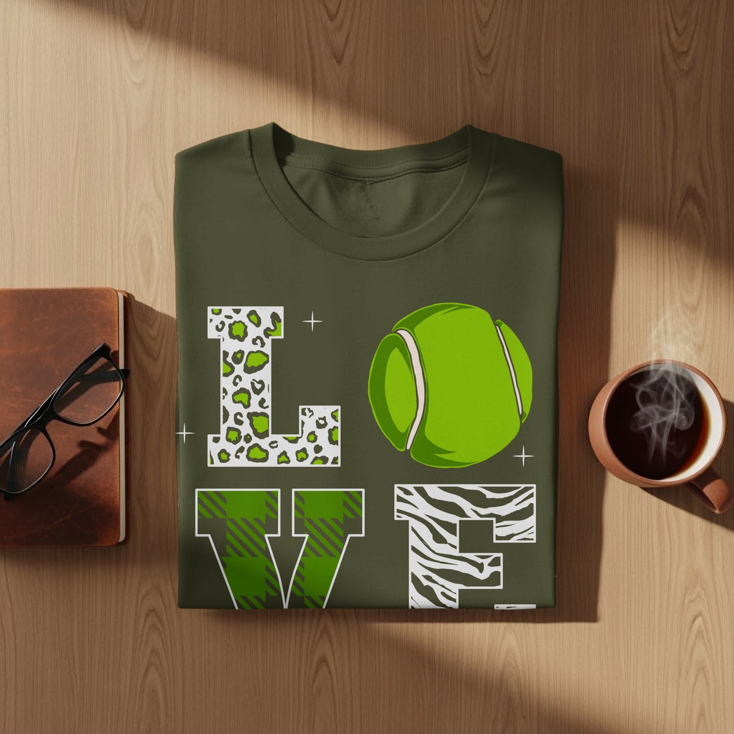 Olive green t-shirt with "LOVE" in leopard print and zebra pattern, featuring a tennis ball.