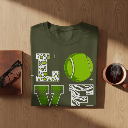 Olive green t-shirt with "LOVE" in leopard print and zebra pattern, featuring a tennis ball.