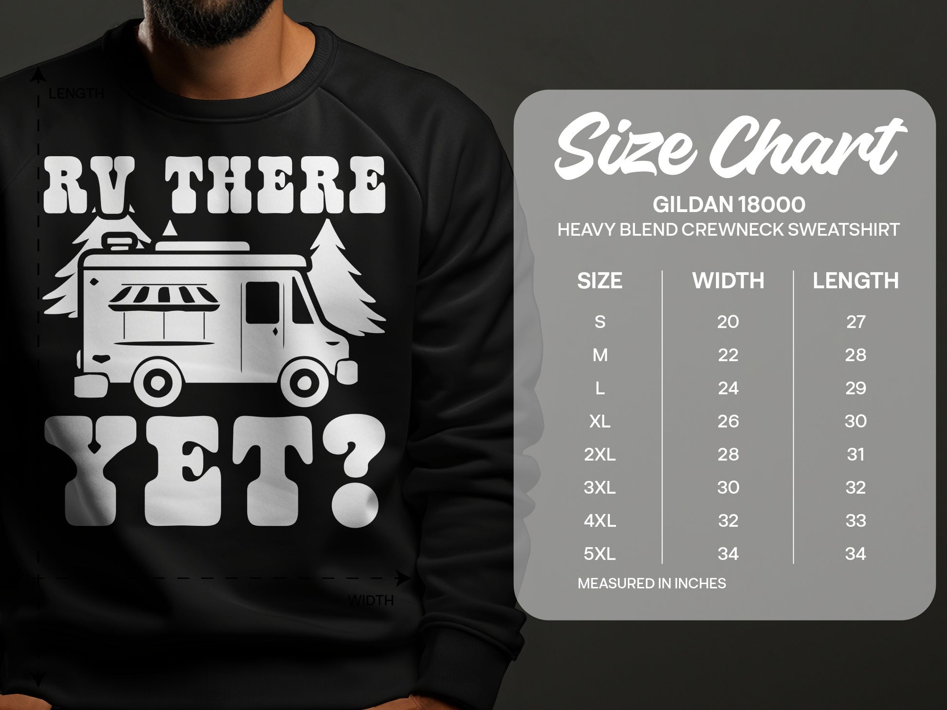 Crewneck sweatshirt with RV design and size chart.