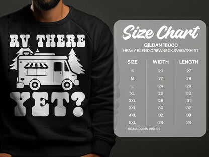 Crewneck sweatshirt with RV design and size chart.