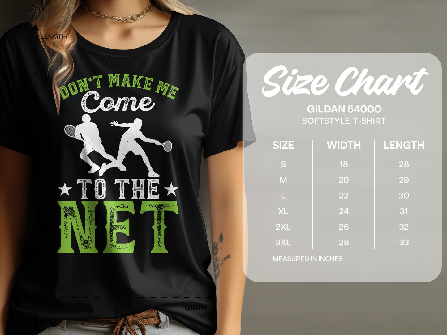 Black t-shirt with "Don't Make Me Come To The Net" graphic and size chart.