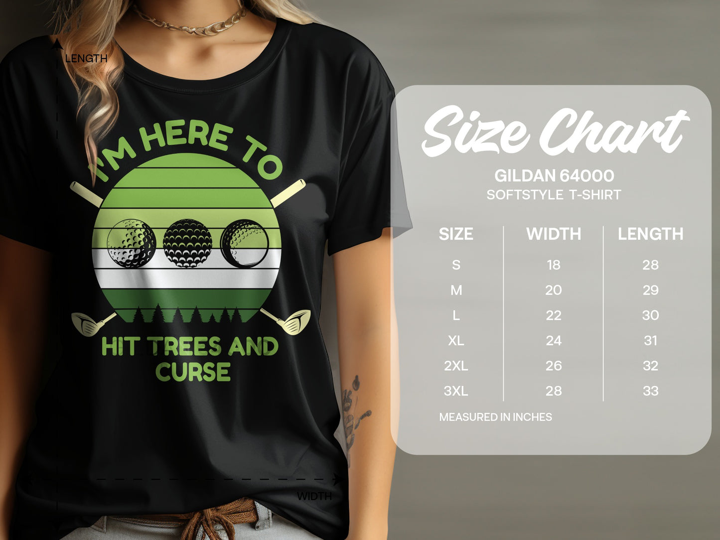Black t-shirt with "I'm here to hit trees and curse" and golf balls.