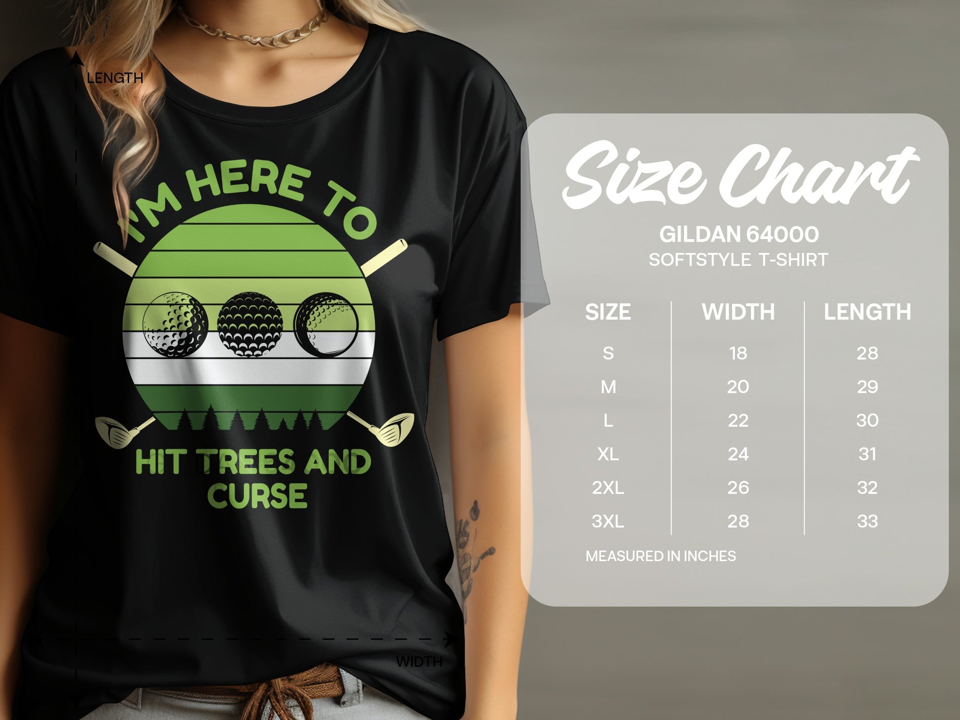 Black t-shirt with "I'm here to hit trees and curse" and golf balls.
