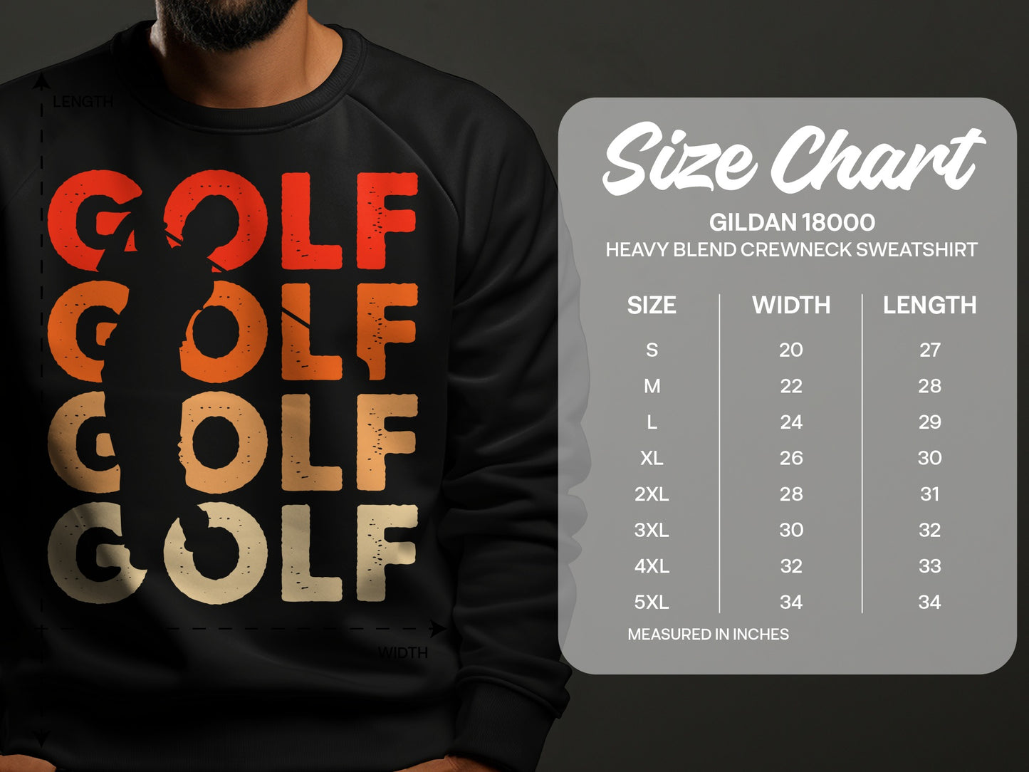Gildan 18000 sweatshirt size chart with golf graphic.