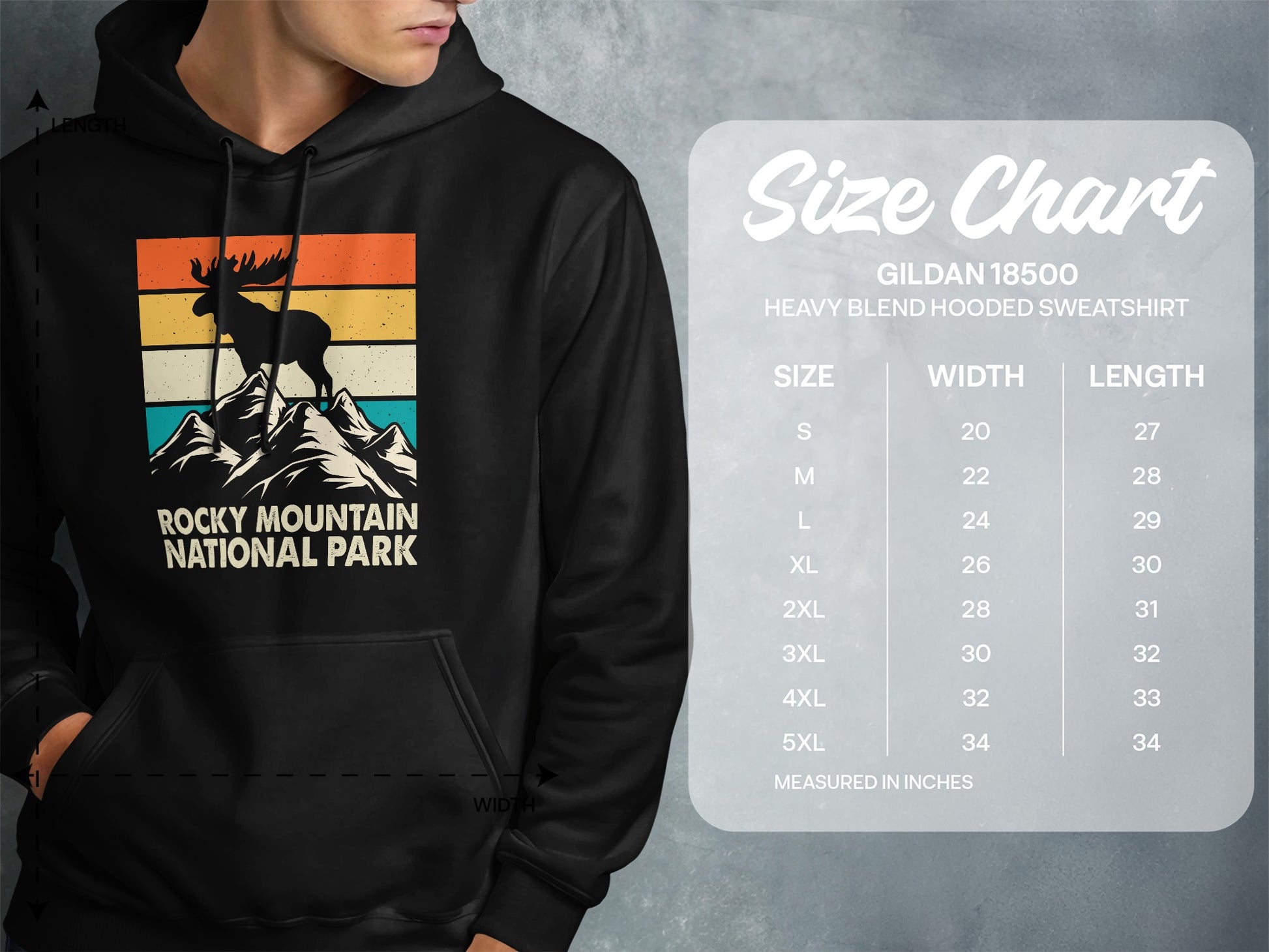 Hoodie with Rocky Mountain National Park graphic and size chart.