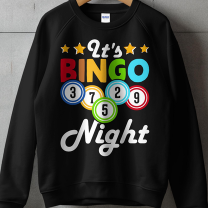 Black sweatshirt with "It's BINGO Night" and bingo balls.
