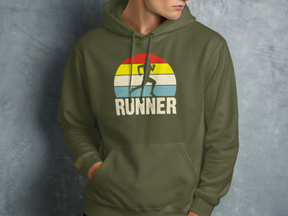 Olive green hoodie with "RUNNER" text and a running silhouette on a sunset graphic.