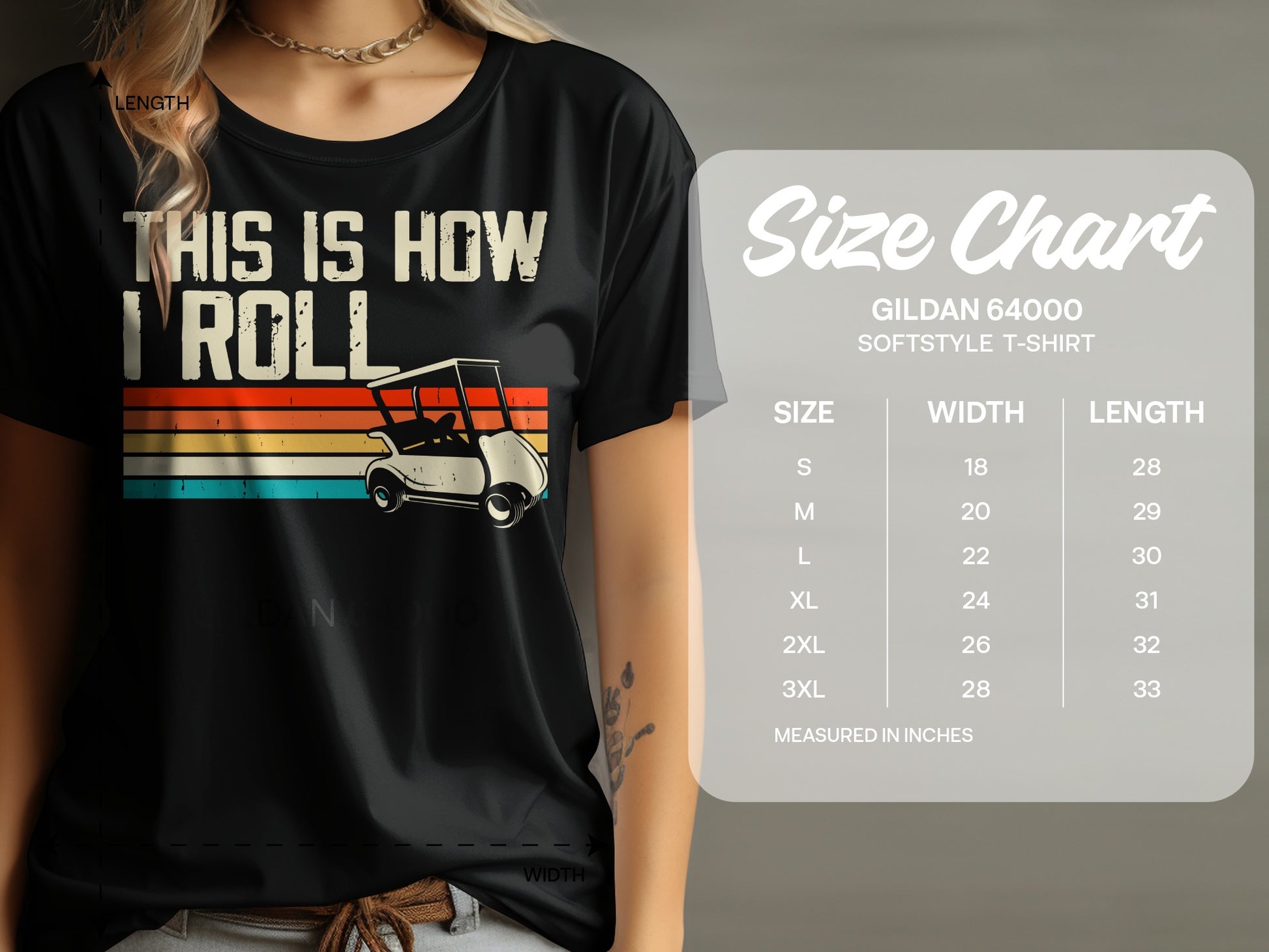 Black t-shirt with "This is How I Roll" text and golf cart graphic.