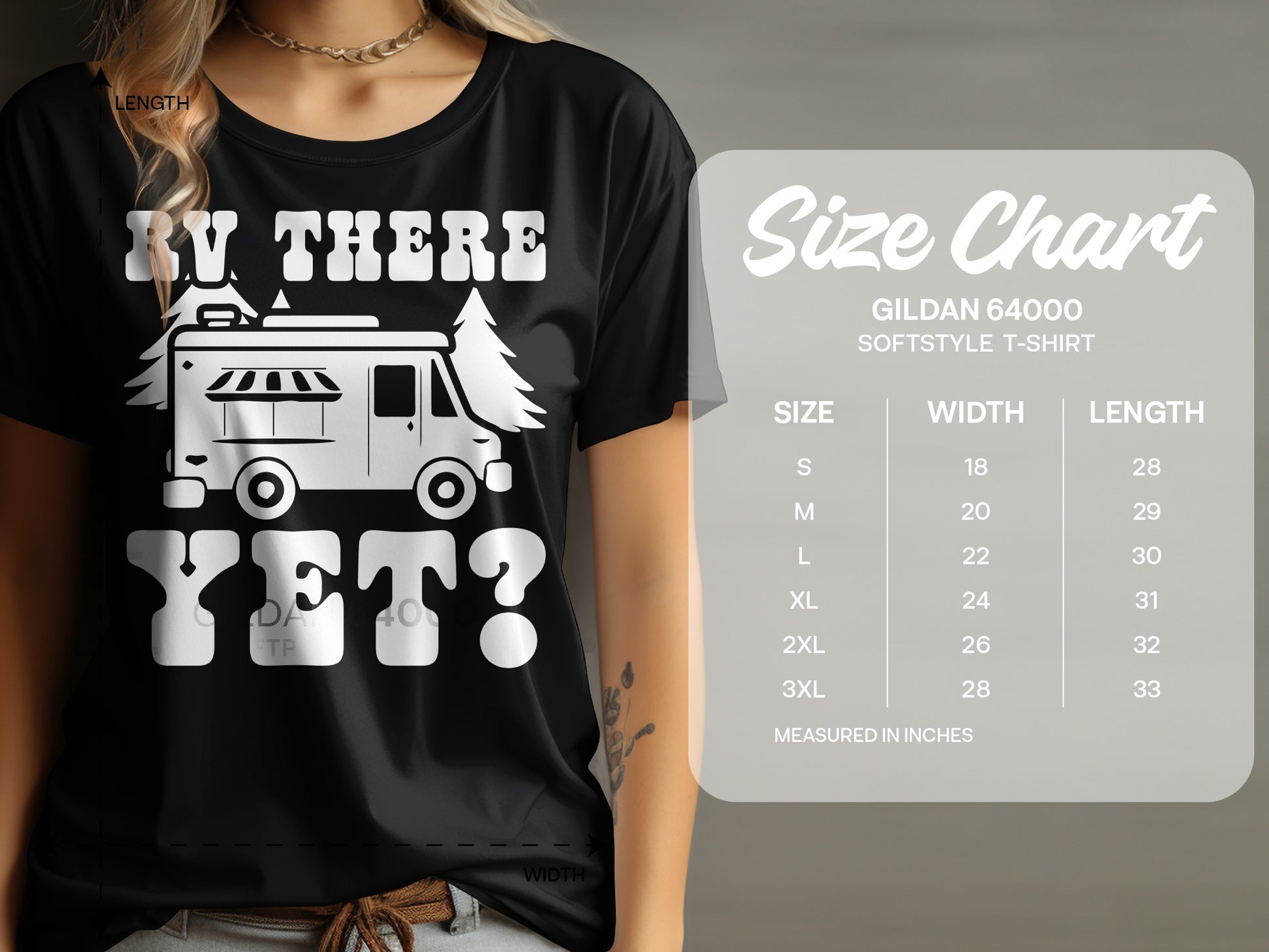 Black t-shirt with "RV THERE YET?" graphic and size chart.