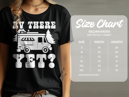 Black t-shirt with "RV THERE YET?" graphic and size chart.