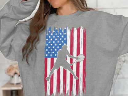 Gray sweatshirt with distressed American flag and tennis player silhouette.
