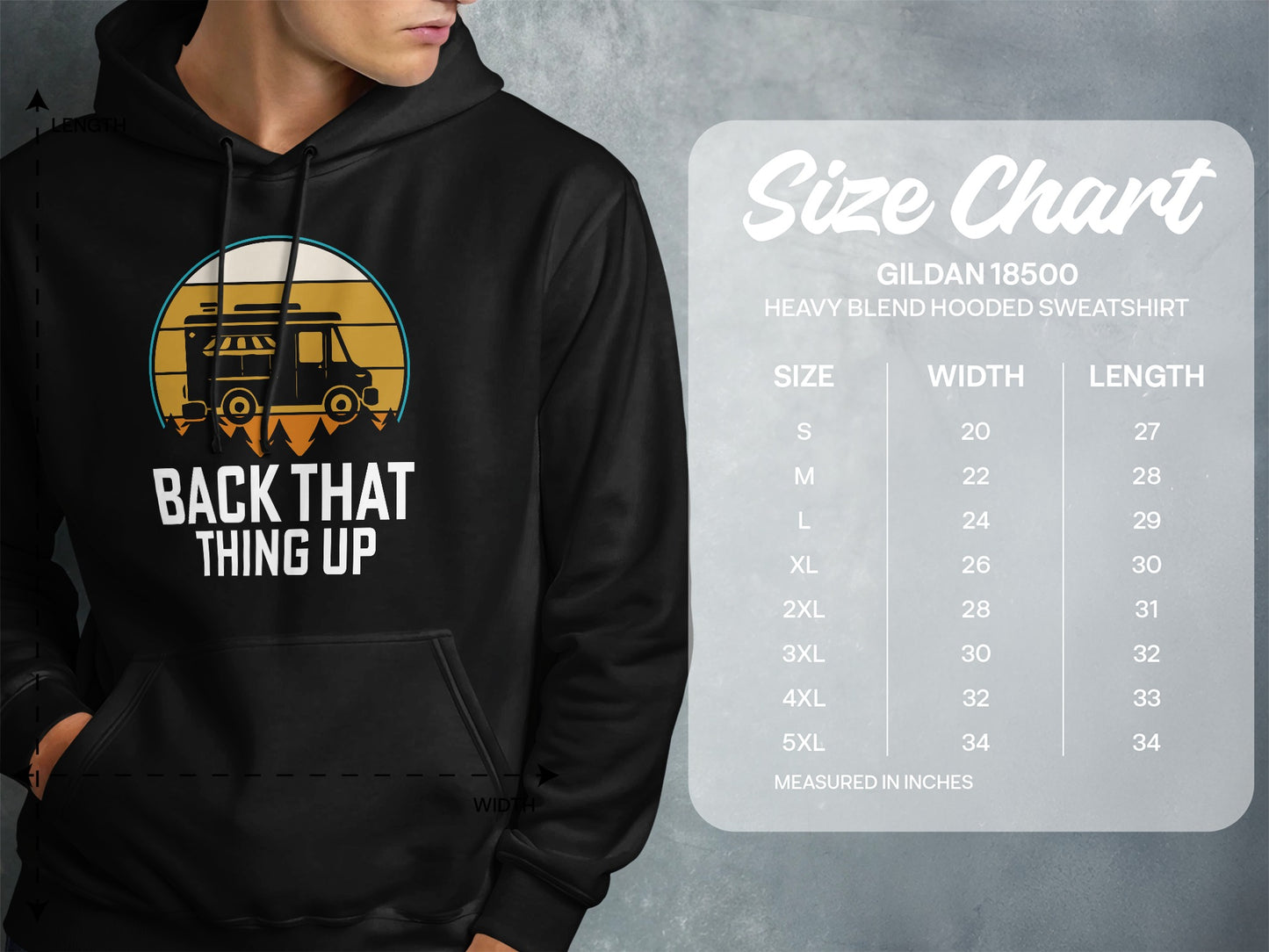 Hoodie with van graphic and text "Back That Thing Up," with size chart.