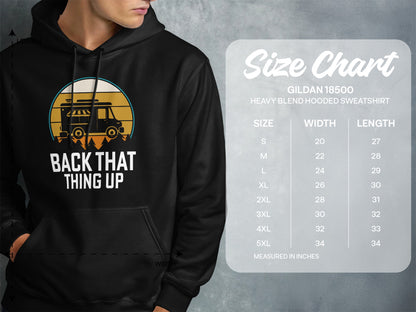 Hoodie with van graphic and text "Back That Thing Up," with size chart.