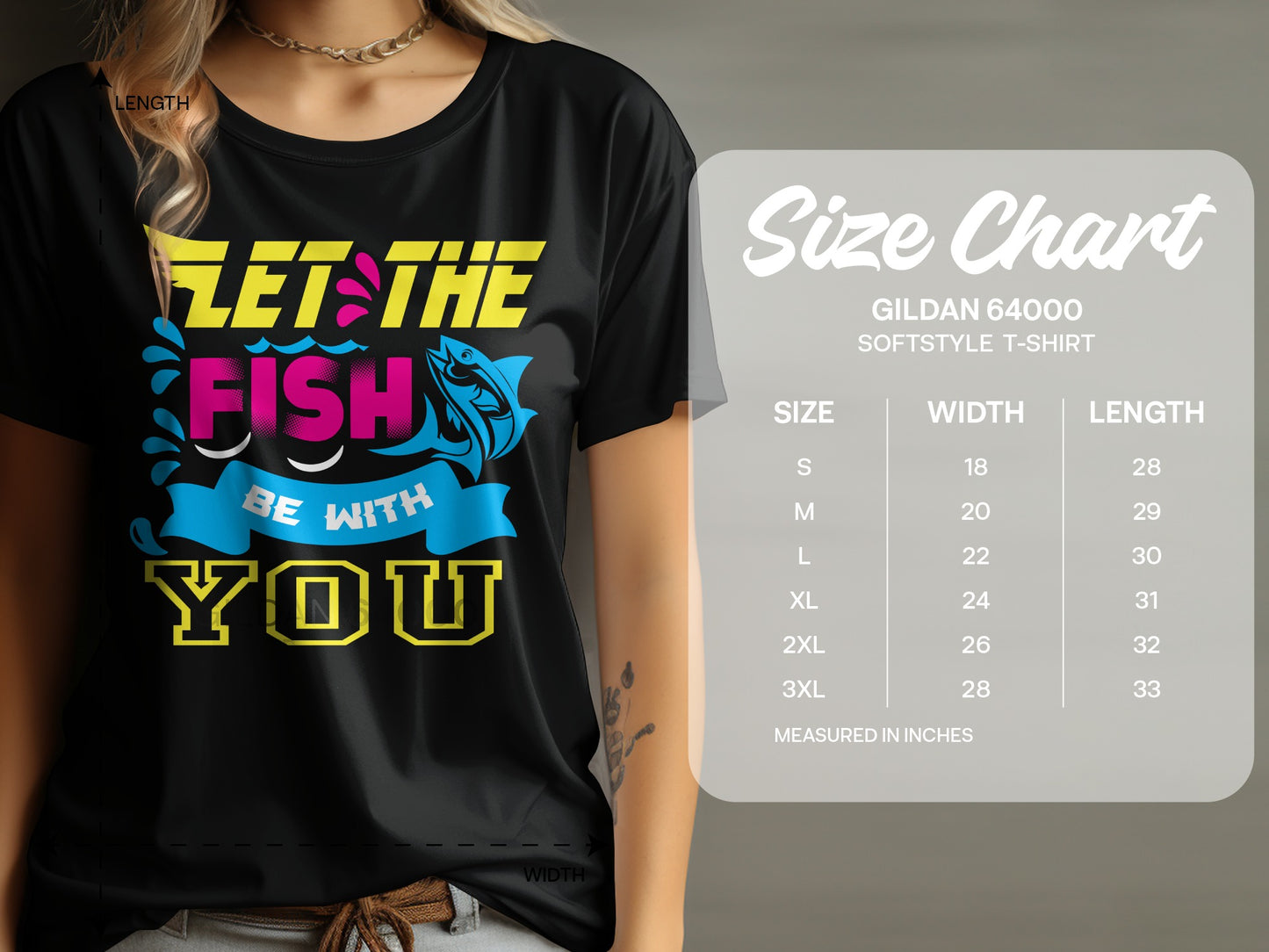 Black t-shirt with "Let the Fish Be With You" text and size chart.
