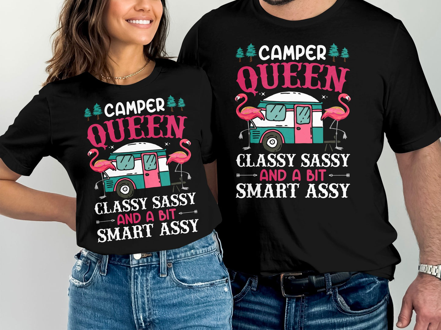 Camper Queen t-shirts with flamingos, camper, and sassy text.