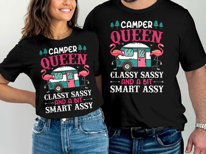 Camper Queen t-shirts with flamingos, camper, and sassy text.