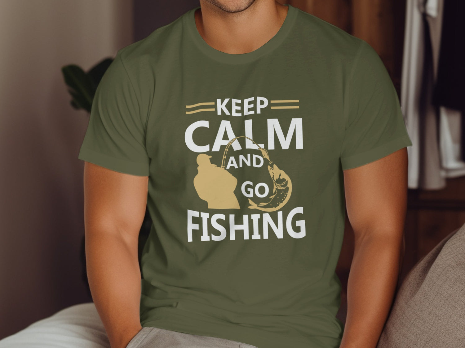 Olive green t-shirt with "Keep Calm and Go Fishing" slogan and fishing graphic.