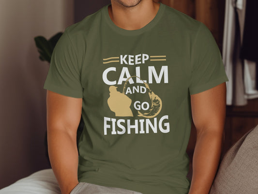 Olive green t-shirt with "Keep Calm and Go Fishing" slogan and fishing graphic.