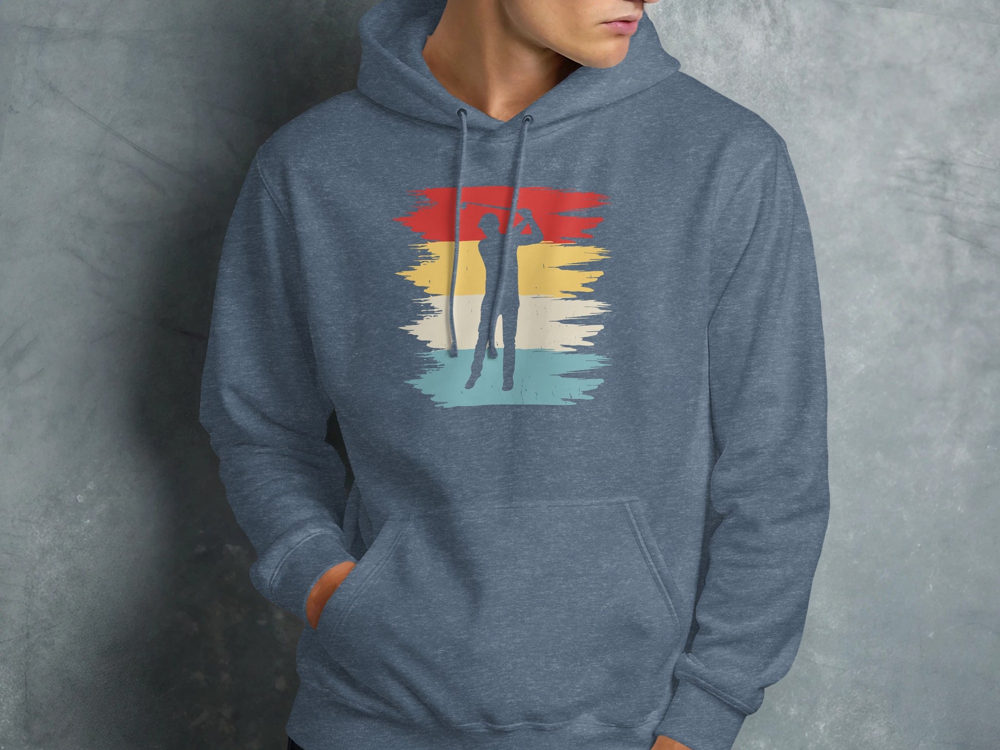 Blue hoodie with a retro-style silhouette graphic in red, yellow, and teal.