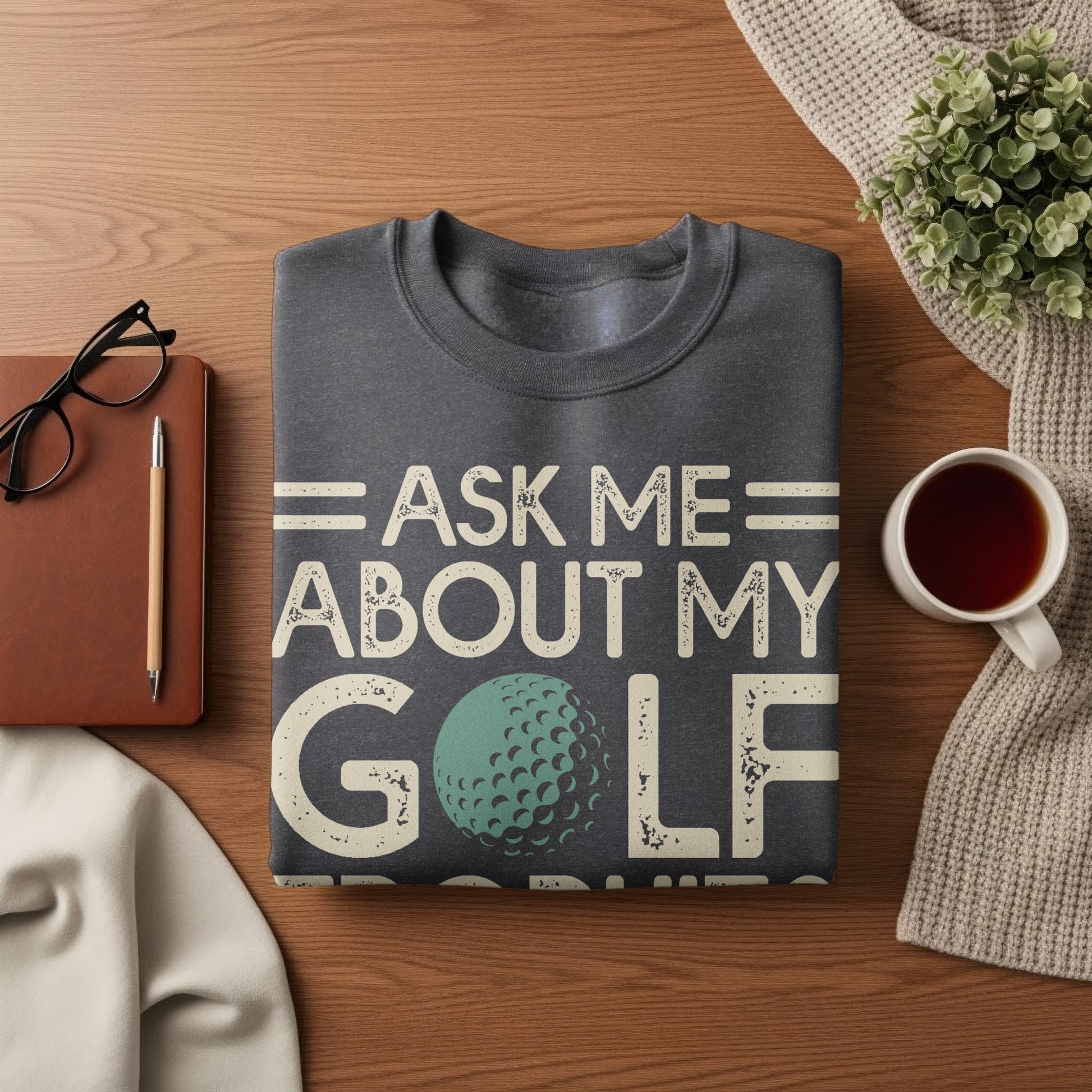 Dark gray t-shirt with text "Ask me about my golf" and a golf ball graphic.