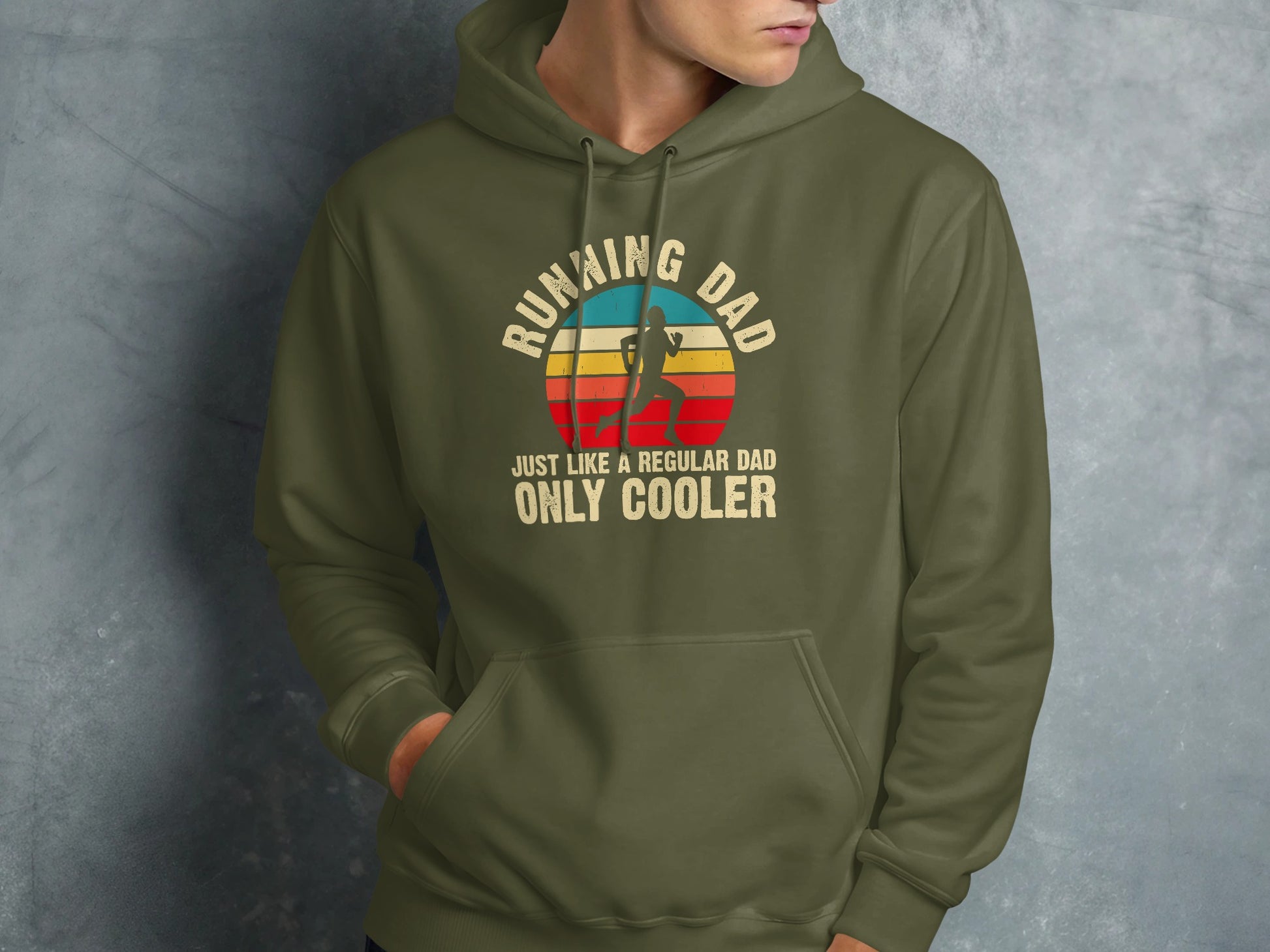 Olive green hoodie with "Running Dad Just Like a Regular Dad Only Cooler" text.