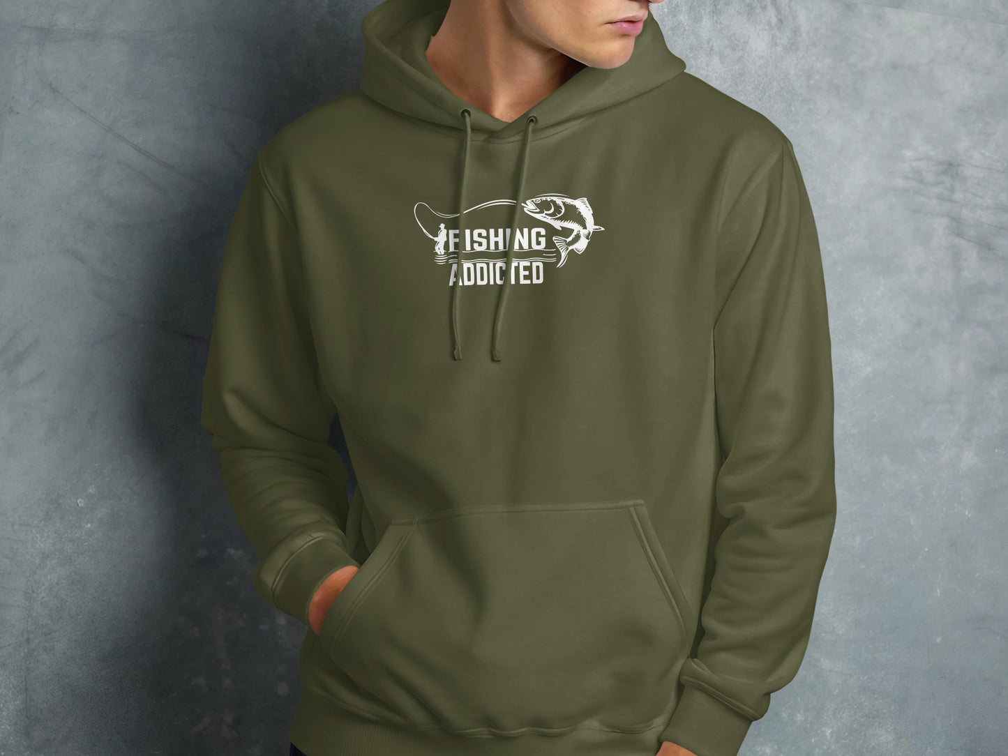 Green hoodie with "FISHING ADDICTED" text and a leaping fish graphic.