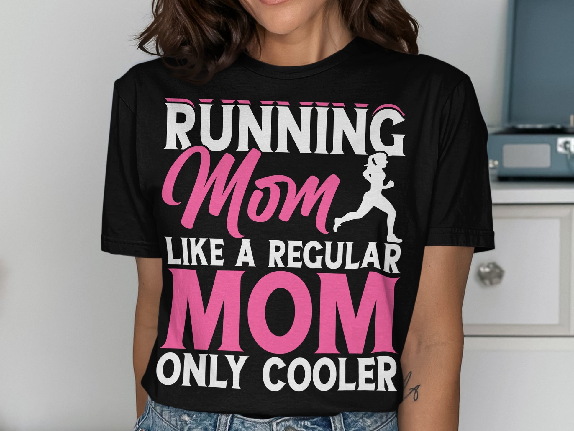 Black t-shirt with white and pink text: "Running Mom Like A Regular Mom Only Cooler"