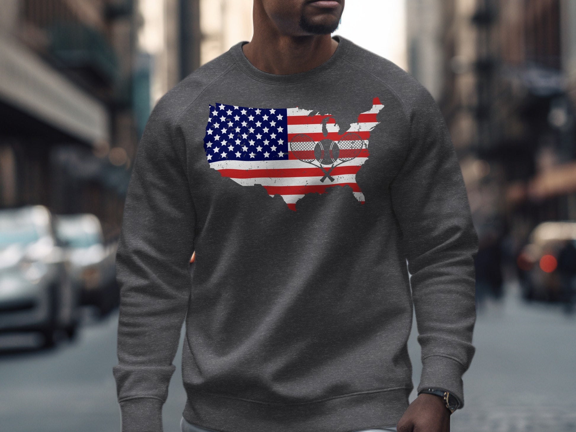 Gray crew neck sweatshirt with an American flag map graphic.