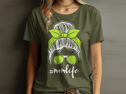 Green t-shirt with #momlife, sunglasses, and tennis balls.