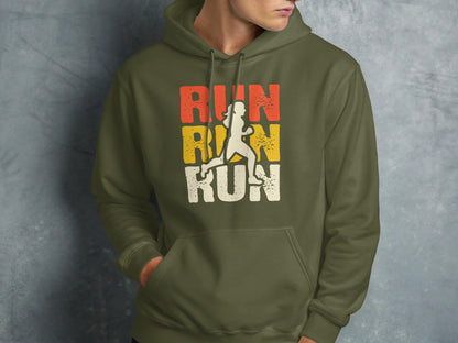 Olive green hoodie with "RUN" in red, yellow, and white with running silhouette.