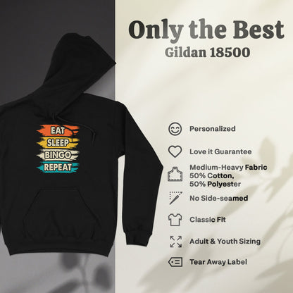 Black Gildan 18500 hoodie with "Eat Sleep Bingo Repeat" text and product features.