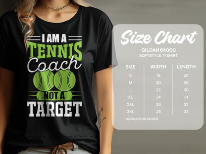 Black t-shirt with "I AM A TENNIS COACH NOT A TARGET" text and tennis balls.