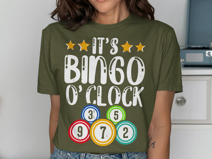 Green t-shirt with "IT'S BINGO O'CLOCK" and bingo balls.