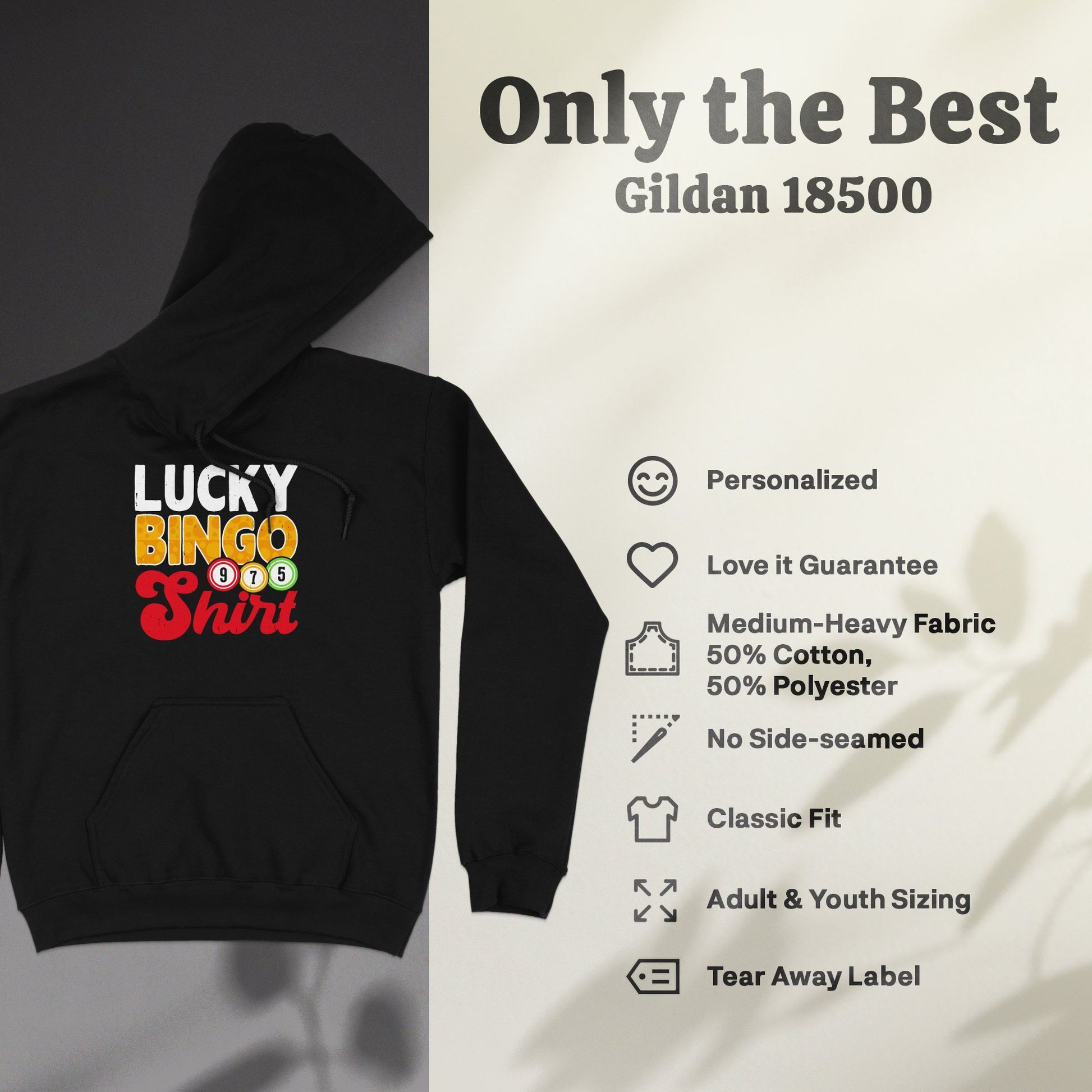 Black Gildan 18500 hoodie with "Lucky Bingo Shirt" graphic.