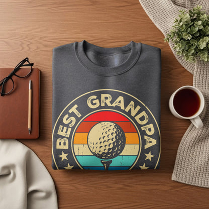 Dark gray sweatshirt with "Best Grandpa" text and a vintage golf ball graphic.