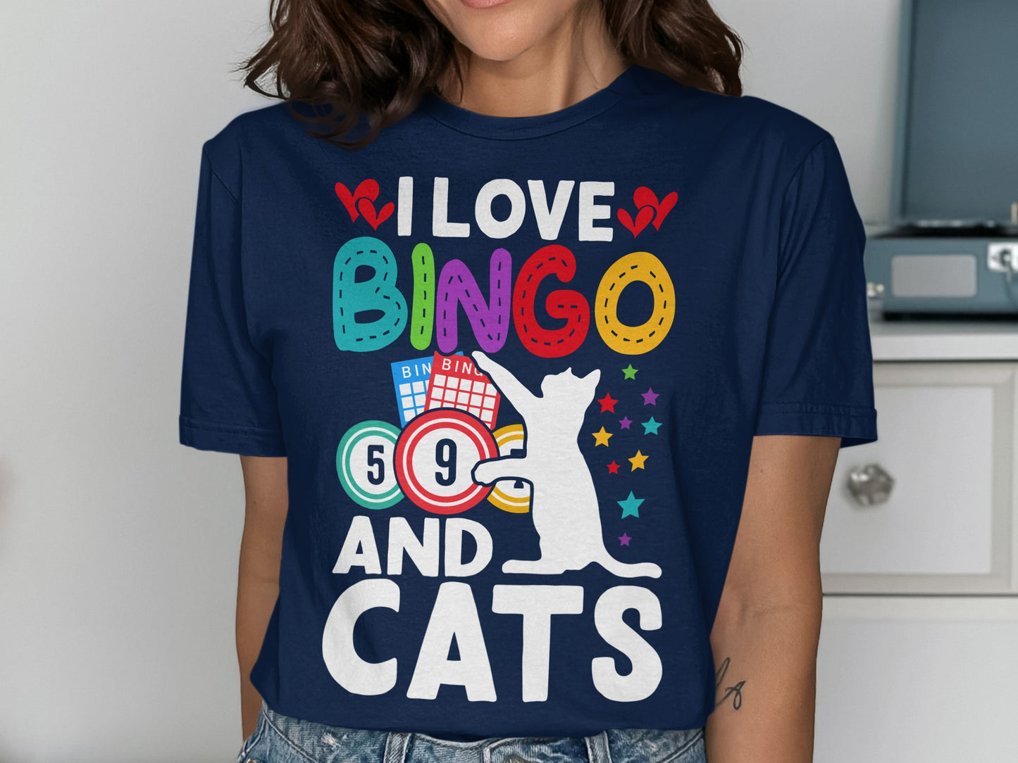Dark blue t-shirt with "I Love Bingo and Cats" text and graphics.