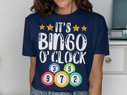 Navy t-shirt with "It's Bingo O'Clock" and colorful bingo balls.