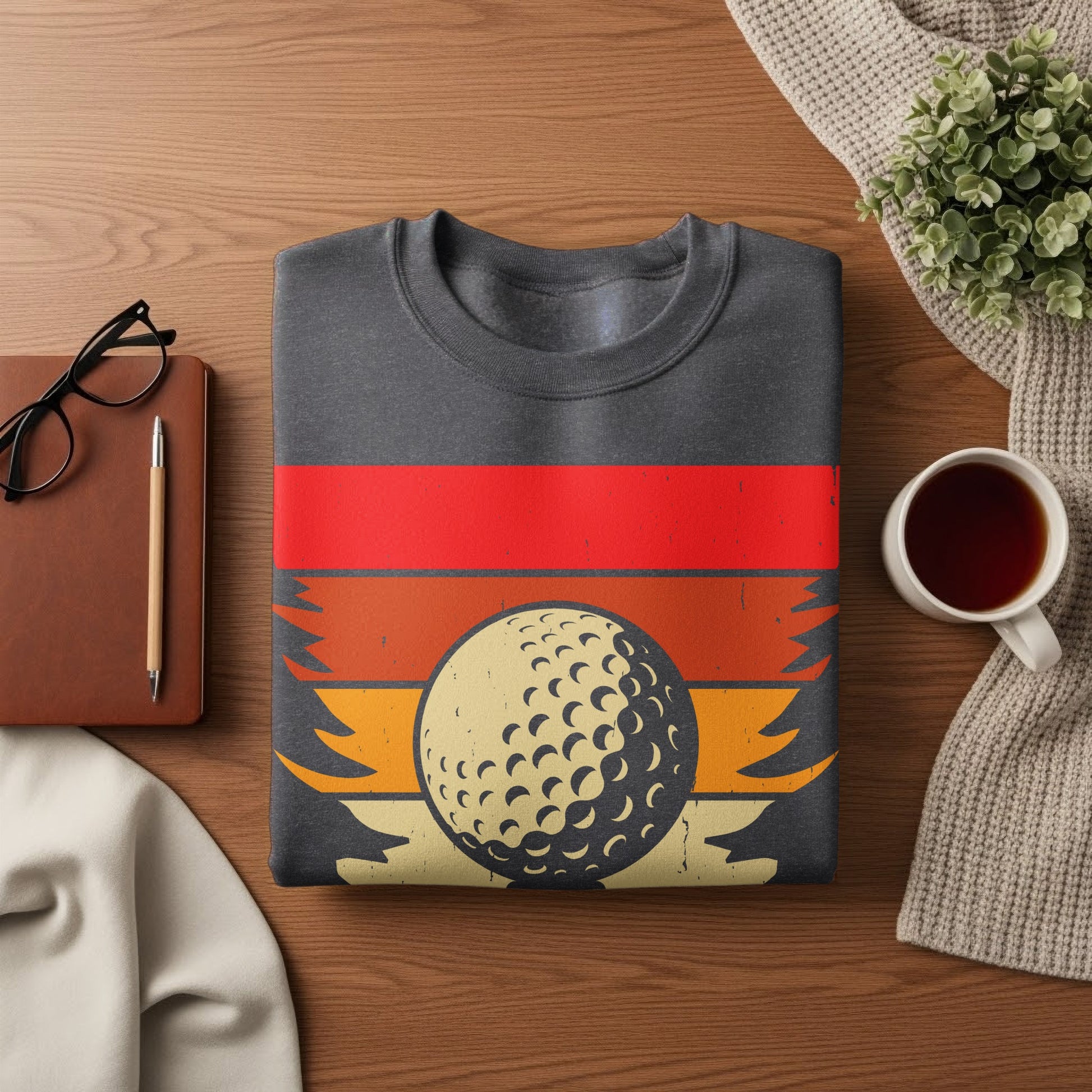 Dark gray sweatshirt with a vintage golf ball and sunset graphic design.