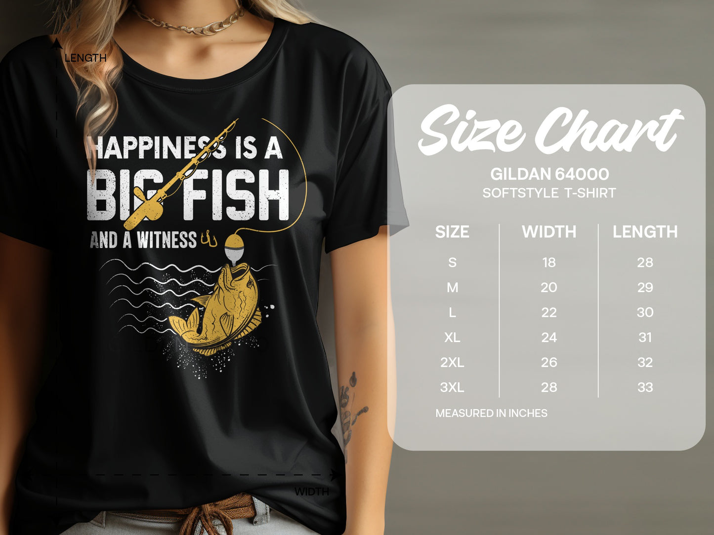 T-shirt with fishing graphic and "Happiness is a big fish" text, with size chart.